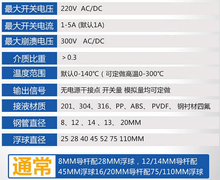 浮球式液位計技術參數(shù)對照表